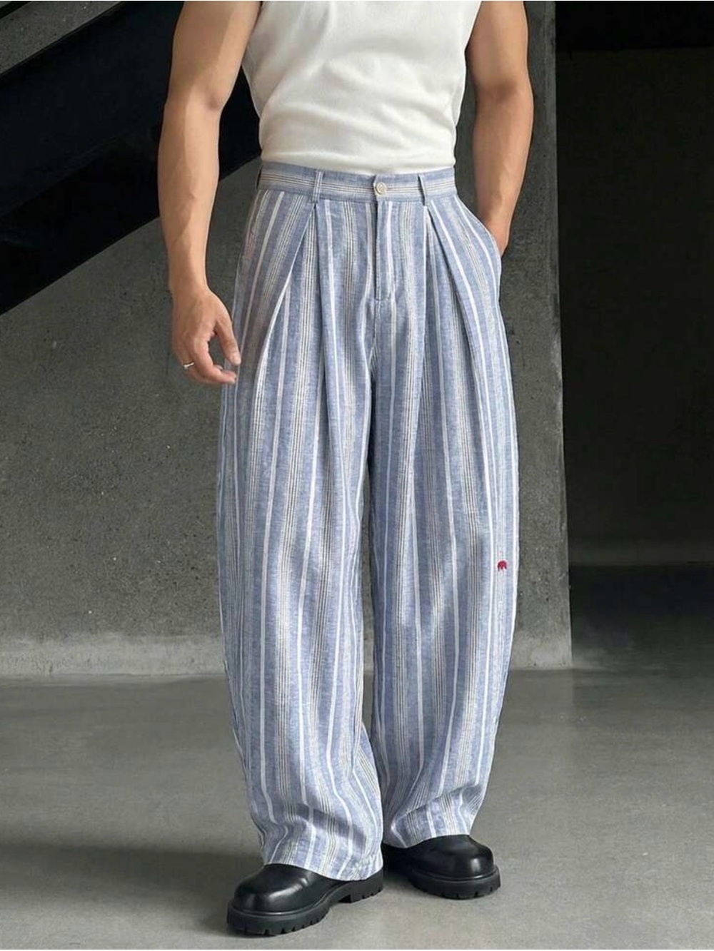 Wide Leg Striped Linen Pants in Light Blue and White